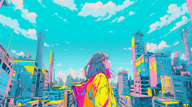 都会の空を見上げる女性