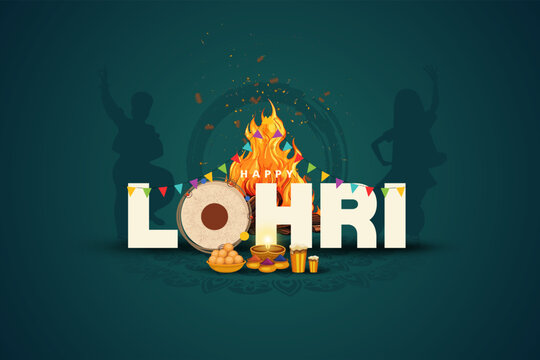 Indian Punjabi festival of lohri celebration fire background with decorated drum and bonfire with festival elements. vector illustration design.