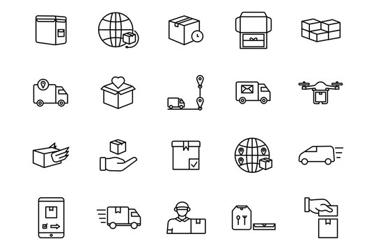 delivery icon set. delivery, bag, international, shipping, unboxing, package, stack, packages, tracking, progress, etc. line icon style. simple vector design editable
