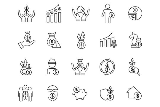 investment icon set. icon related to investments and financial concepts. profit, asset, dividend, inflation, growth, strategy, analyst, etc. line icon style. Simple vector design editable