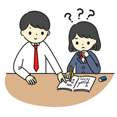 先生とマンツーマンで勉強しているが理解できない女学生