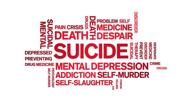 Suicide animated tag word cloud;text design animation kinetic typography seamless loop.