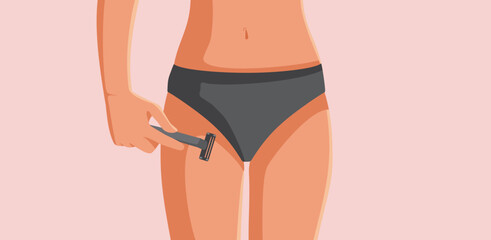 Woman Using Razor for Inguinal Hair Removal Vector Cartoon. Girl with shaver clearing the bikini line of any excess hair 
