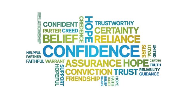 Confidence animated tag word cloud;text design animation kinetic typography seamless loop.