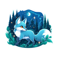 Cute blue fox in the forest, sticker