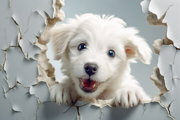  Baby puppy dog looking from cracked white wall. Animal concept of pet and cute.