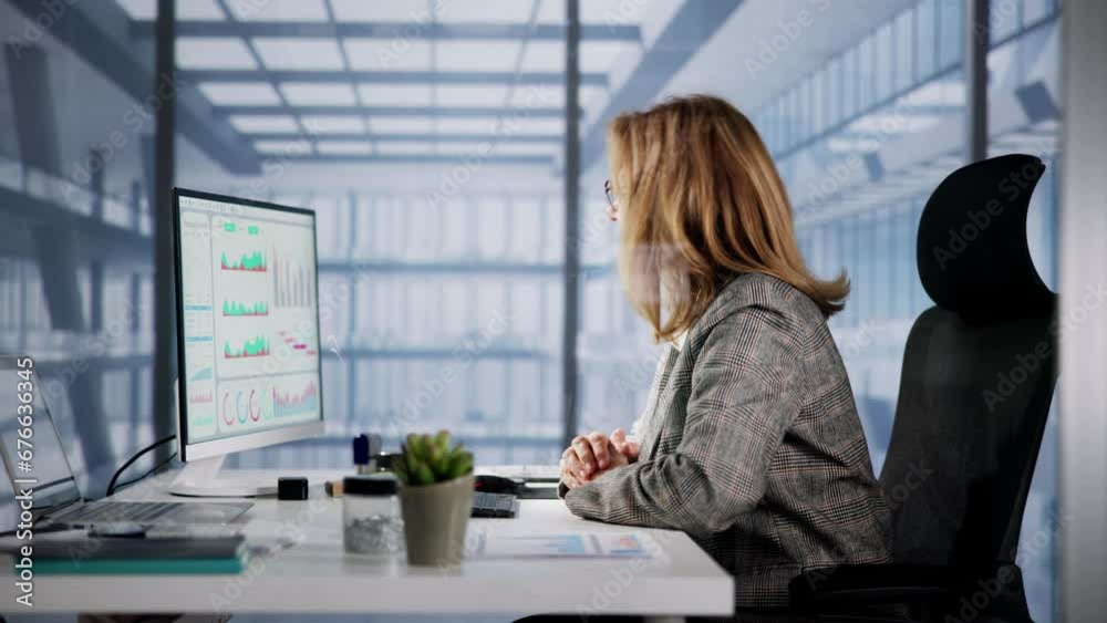 Aufkleber Excited Business Analyst Using Computer Data