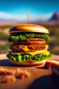 McFuture Burger, hambúrguer, soja orgânica, trigo sarraceno, cenoura, cebola, ervas aromáticas, pão de trigo integral, abacate, queijo cheddar vegano, molho de mel, molho de mostarda, alimentos ecológ