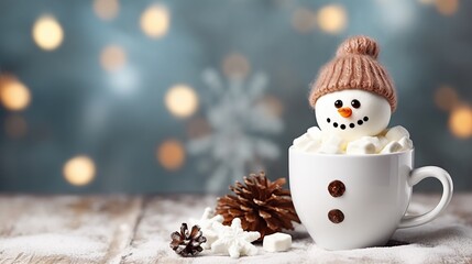 Snowman in a cup of hot chocolate drink, christmas food art - obrazy, fototapety, plakaty