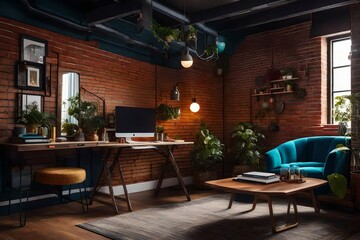Fototapeta na wymiar Interior design portfolio visuals of an eclectic workspace, mixing vintage furniture with modern decor, vibrant colors against brick walls