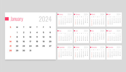 minimal style 2024 new year calendar template for office stationery