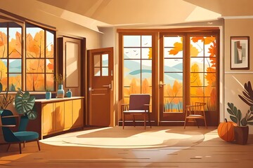 Vector illustration in a flat cartoon style showcasing a welcoming hallway with furniture, a closed...