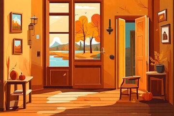 Flat cartoon-style vector art presenting a hallway adorned with furniture, a closed door, and a window displaying an autumn river view, cozy and serene, accentuated by warm hues