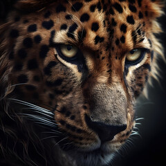 A leopard, possibly an Amur leopard or a Persian leopard, stares directly at the camera with its bright yellow eyes. The leopard has a fierce and determined expression.