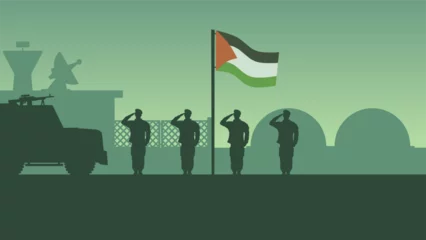 Fensteraufkleber Palestine military base landscape vector illustration. Silhouette of army salute to palestine flag in military base. Military illustration for background, wallpaper, issue and conflict © Moleng