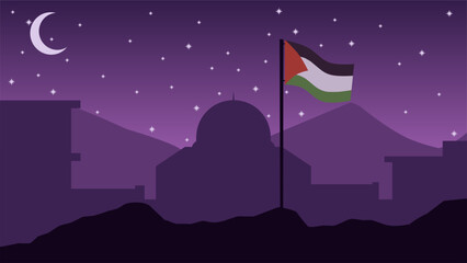 Palestine landscape vector illustration. Silhouette of al aqsa mosque at night with palestine flag. Landscape illustration of palestine for background or wallpaper