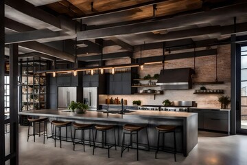 Fototapeta na wymiar Interior design portfolio snapshots of an industrial-style kitchen, metal accents, beams, and concrete walls, creating an urban