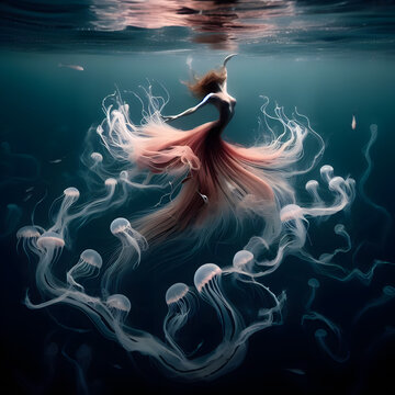 A woman in a pink dress dives among glowing jellyfish. A surreal and artistic image of the underwater world.