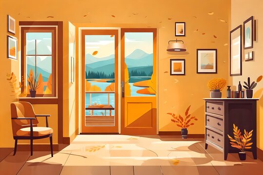 Vector illustration in a flat cartoon style showcasing a welcoming hallway with furniture, a closed door, and a window overlooking an autumn river, invoking a sense of comfort and coziness