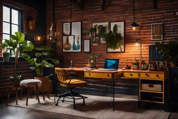 Interior design portfolio visuals of an eclectic workspace, mixing vintage furniture with modern decor, vibrant colors against  brick walls