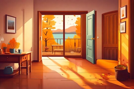 Vector illustration in a flat cartoon style showcasing a welcoming hallway with furniture, a closed door, and a window overlooking an autumn river, invoking a sense of comfort and coziness