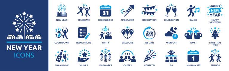 New year icon set. Containing fireworks, celebration, party, dance, resolutions, countdown, January 1st, wishes and more. Vector solid icons collection.