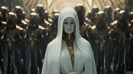 Naklejka premium A white And Golden Lady Robot Boss Leading Robots Army