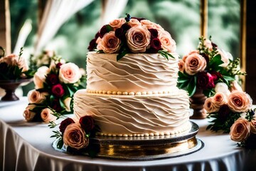 Baked Wedding Cake with Rose Decoration and Flowering Plant - obrazy, fototapety, plakaty