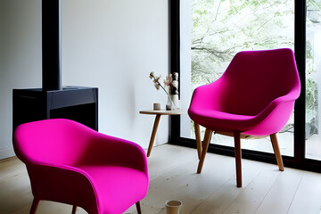 Pink chair by fireplace against window. Scandinavian home interior design of modern living room.