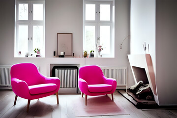 Pink chair by fireplace against window. Scandinavian home interior design of modern living room. Side view