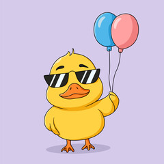 Cute Duck Using Glasses And Carrying A Balloon Illustration