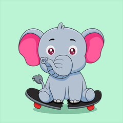 Cute Elephant Sitting On A Broken Skateboard Illustration