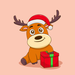 Cute Reindeer Wearing Christmas Hat And Holding Gift Illustration