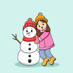 Cute Girl Hugging Snowman Illustration