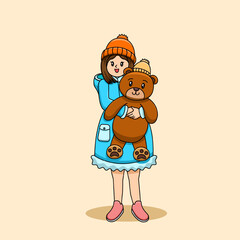 Beautiful Girl Hugging Teddy Bear Illustration