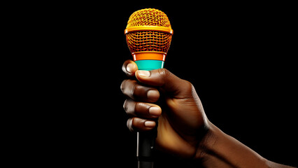 Hands Holding Microphone on Vibrant Background