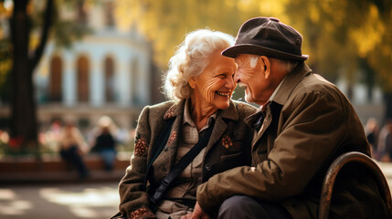 elderly couple sitting on bench in park