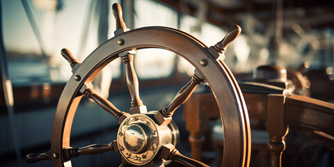 Steering wheel of a ship vintage toned image with shallow depth of field with blured ship background  Vintage Ship Wheel in Focus Ai Generative