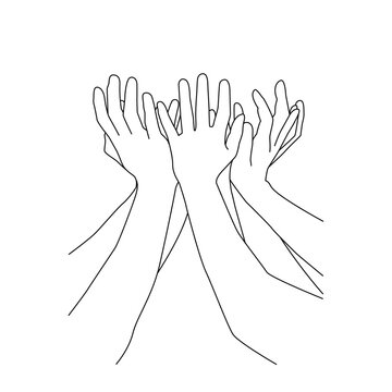 businessmen's hands gethered up together in the air as if holding line art vector.