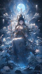 beautiful illustration of Blue Tara Buddha, anime style