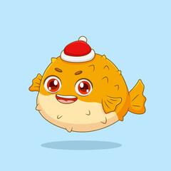 Cute Puffer fish Wearing a Christmas Hat Illustration © Aan