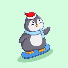 Cute Penguin Playing Snowboard Illustration