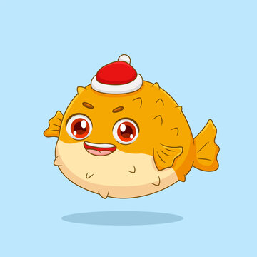 recommend clip art: Cute Puffer fish Wearing a Christmas Hat Illustration