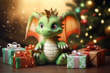 Dragon character with big gift box, present for New Year with green and golden colors. For your design,  print on postcard