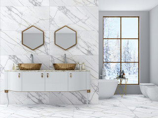 The interior of a luxurious bathroom features white marble with veins of silver, two washbasins, mirrors wrapped in golden metal, a white bathtub, and a window overlooking the snow. 3D Rendering