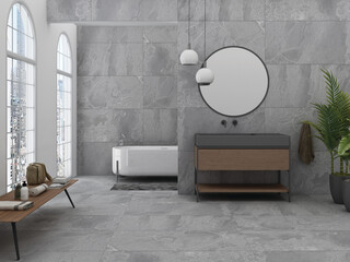 Interior of stylish bathroom with grey marble walls, tiled floor, comfortable white bathtub and sink. Panoramic window with tropical view. 3d rendering