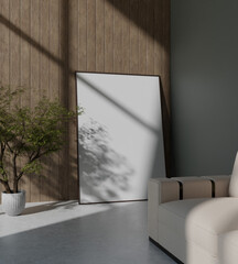 aesthetic wooden frame mockup poster with sofa and tree decoration for art presentation