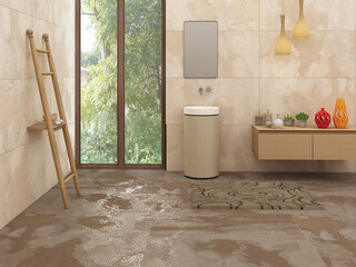 Beige bathroom interior with unique sink and mirror, carpet on hardwood floor, bathtub, plants. Bathing accessories and window in hotel studio. 3D rendering