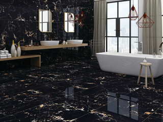 Black marble bathroom interior include wooden furniture, white bathtub, twin wash basins and mirrors. 3d Rendering