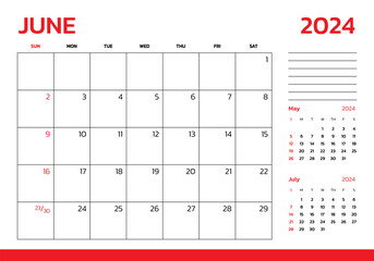 June 2024 Calendar. Week start on Sunday. Desk calendar 2024 design, simple and clean design, Wall calendar for print, digital calendar, Corporate design planner template vector.